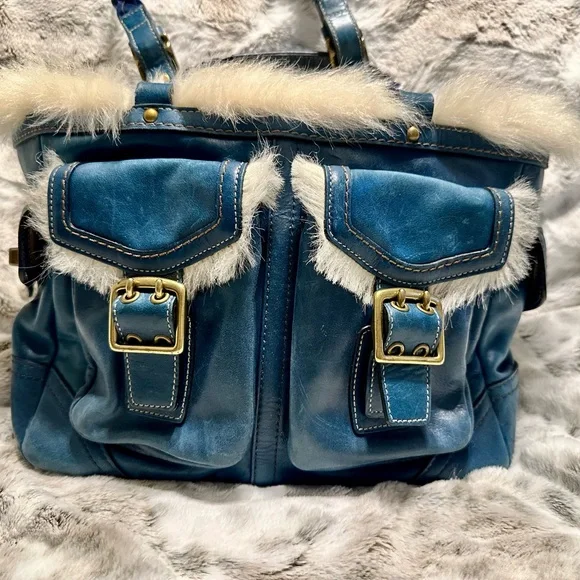 Coach Teal Leather Shoulder Bag with Cream Fur Trim - Picture 5 of 11